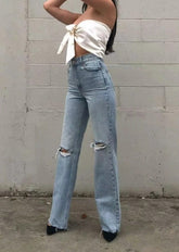 High Rise Straight Baggy Jeans mit Knieschlitz